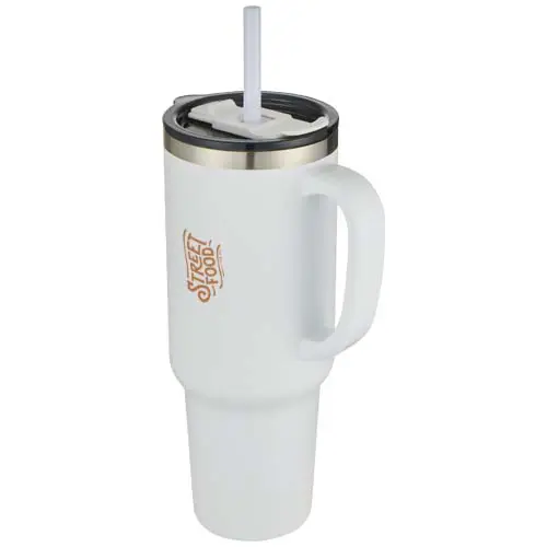 vaso térmico blanco con asa y pajita y logotipo Street Food
