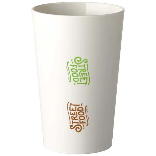 Vaso desechable blanco con el logotipo Street Food en verde y marrón