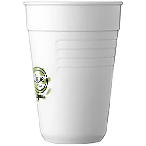Vaso desechable blanco con logotipo verde Love Eat Repeat