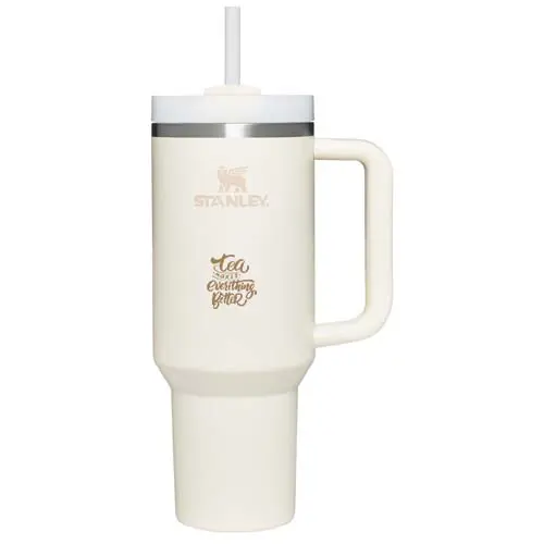 vaso térmico Stanley blanco con asa, tapa de rosca y pajita desmontable
