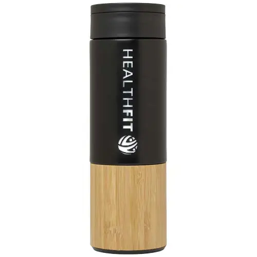 Termo de acero inoxidable negro con base de bambú y logotipo Healthfit