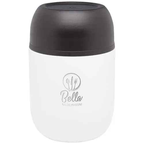 tarro isotérmico blanco con tapa negra y logo Bella